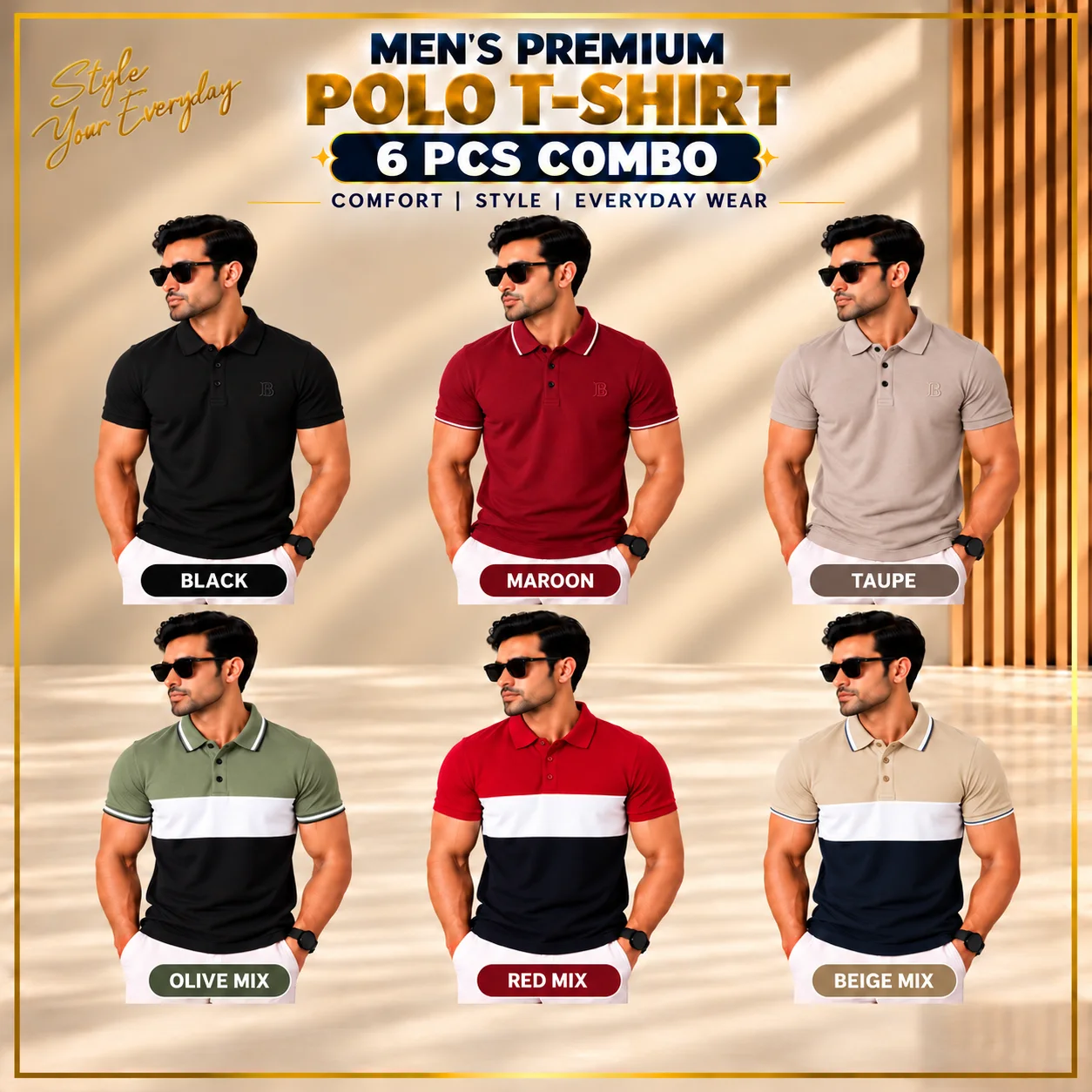Men's Premium Polo T-Shirt – 6 Pcs (Solid & Multi Mix Combo)