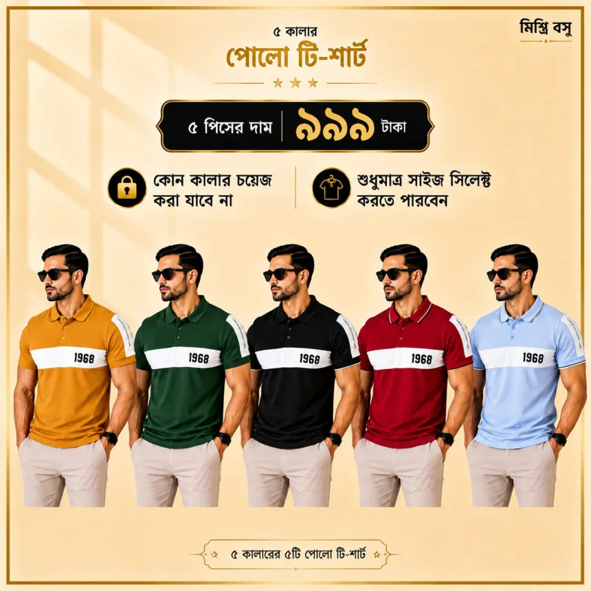 ৫ পিস মেনস প্রিমিয়াম পোলো টি-শার্ট কম্বো – মাত্র ৯৯৯ টাকা (1968)