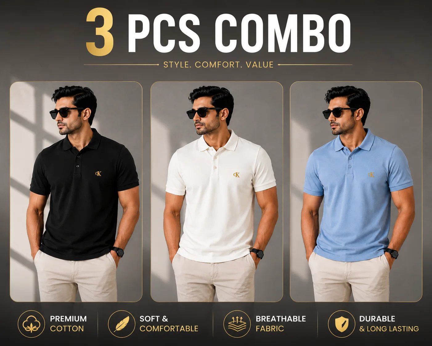 🔥 3 PCS Premium Polo Shirt Combo 🔥