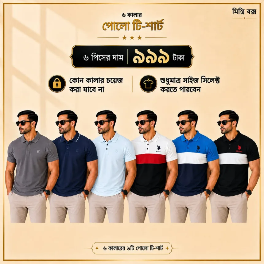 ৬ পিস মেনস প্রিমিয়াম পোলো টি-শার্ট কম্বো – মাত্র ৯৯৯ টাকা (Mix-Color)(Combo-2)